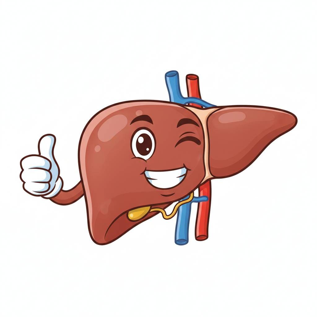 Illustration d'un foie humain heureux faisant un clin d'œil et un pouce en l'air :prendre soin de son foie