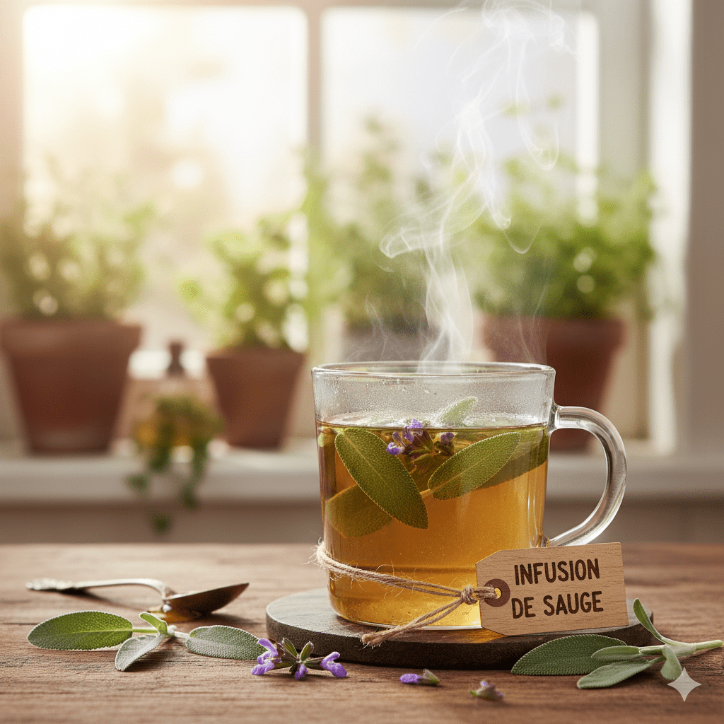 image pour illustrer l'article sur la sauge officinale: une tasse d'infusion de sauge