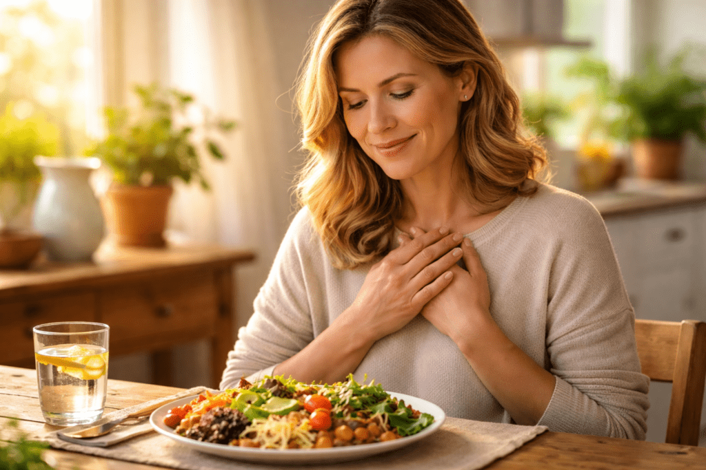 femme-qui-respire-et-regarde-son-repas-avant-de-manger.