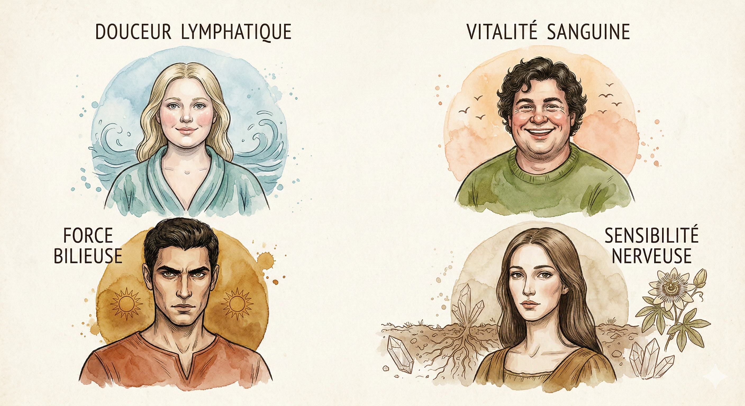illustration-des-4-temperaments: lymphatique, sanguin, bilieux, nerveux